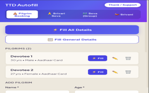 TTD Autofill Assistant pilgrim list with Fill All Details and individual fill actions